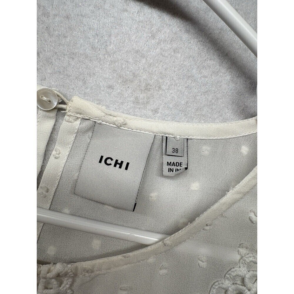 ICHI Woman’s Blouse Short Sleeve Top Size 38 Made in India White Lace Coquette - Picture 2 of 5